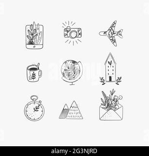 Set di icone della natura da viaggio in tablet, fotocamera, aereo, tazza da tè, globo, casa costruzione, orologio, montagne, busta disegno su bianco Illustrazione Vettoriale