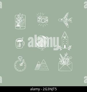 Set di icone della natura da viaggio in tablet, fotocamera, aereo, tazza da tè, globo, casa costruzione, orologio, montagne, busta disegno sul verde Illustrazione Vettoriale