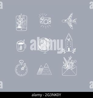 Set di icone della natura da viaggio in tablet, fotocamera, aereo, tazza da tè, globo, casa costruzione, orologio, montagne, busta disegno su grigio b Illustrazione Vettoriale