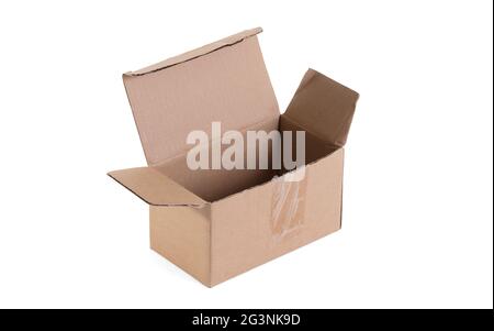 Scatola di cartone con coperchio apribile a scatto, coperchio aperto Foto Stock