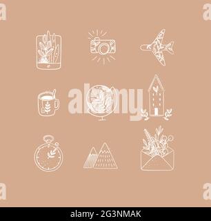 Set di icone della natura da viaggio in tablet, fotocamera, aereo, tazza da tè, globo, casa costruzione, orologio, montagne, inviluppo disegno su pesca Illustrazione Vettoriale