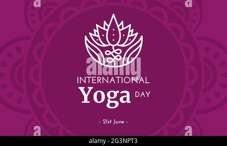 Giornata Internazionale dello Yoga il 21 giugno. Silhouette di Lotus in mani su Mandala sfondo concetto illustrazione banner, brochure, poster design Foto Stock