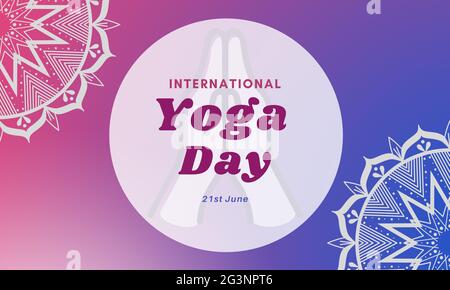 Giornata Internazionale dello Yoga il 21 giugno. Saluto mani in Namaste su Mandala sfondo concetto illustrazione banner, brochure, poster design Foto Stock