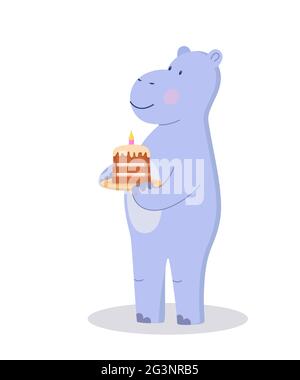 Carino personaggio hippo cartoon con una torta nelle mani. Illustrazione vettoriale isolata in bianco. Concept festa di compleanno, una vacanza per i bambini Foto Stock