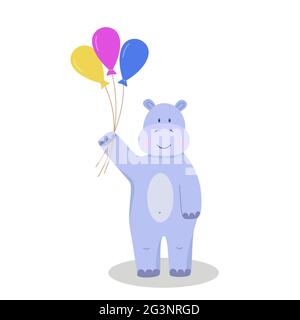 Carino personaggio hippo cartoon con palloncini colorati in mano. Illustrazione vettoriale isolata in bianco. Concept festa di compleanno, una vacanza per bambini Foto Stock