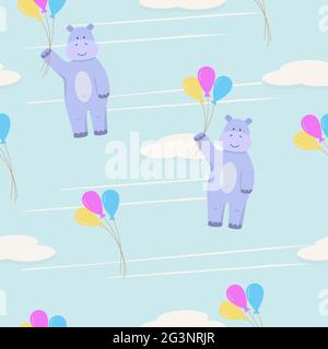 Modello senza cuciture di un ippopotamo con palloncini che volano attraverso il cielo con le nuvole. Illustrazione vettoriale dell'ippopotamo del personaggio cartoon, utilizzato per la parete Foto Stock