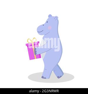 Carino personaggio hippo cartoon con confezione regalo nelle sue mani. Illustrazione vettoriale isolata in bianco. Concept festa di compleanno, una vacanza per i bambini Foto Stock