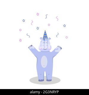 Carino personaggio hippo cartoon in un cappello festivo e confetti. Illustrazione vettoriale isolata in bianco. Concept festa di compleanno, una vacanza per i bambini Foto Stock