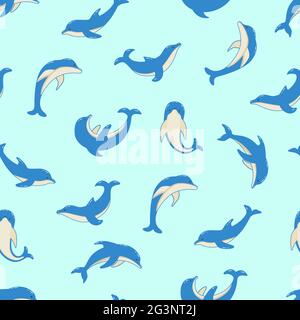 Seamless Pattern Set di delfini cartoon in diverse posizioni, illustrazione vettoriale di animali marini. I delfini dipinti nuotano Foto Stock