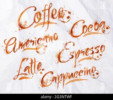 Nomi di diversi tipi di caffè, latte, cappuccino, americano, espresso, gocce di cacao di caffè su carta sminuzzata Illustrazione Vettoriale
