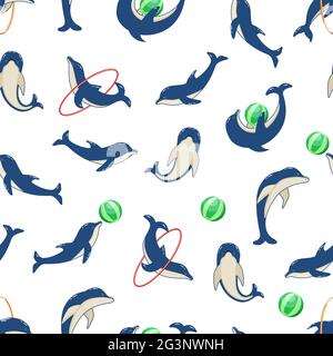 Delfini senza cuciture modello in diverse posizioni, illustrazione vettoriale di animali marini. I delfini dipinti nuotano e i giocatori nel delfinario Foto Stock