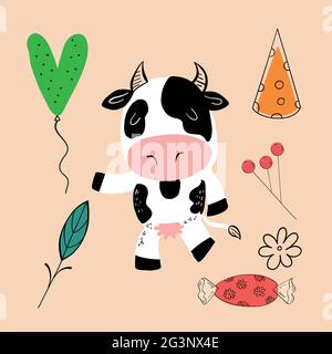 Illustrazione vettoriale di un animale di diversi tipi tra gli oggetti di vacanza su sfondo arancione. Illustrazione vettoriale Illustrazione Vettoriale