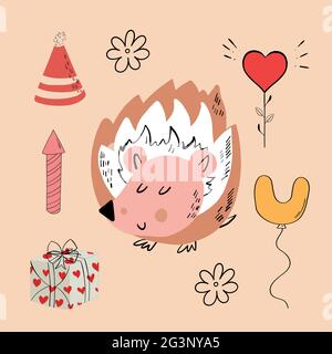 Illustrazione vettoriale di un animale di diversi tipi tra gli oggetti di vacanza su sfondo arancione. Illustrazione vettoriale Illustrazione Vettoriale