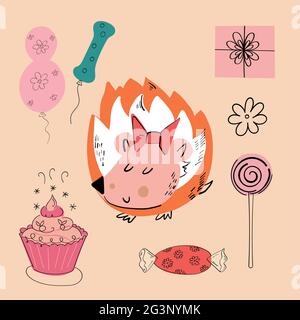 Illustrazione vettoriale di un animale di diversi tipi tra gli oggetti di vacanza su sfondo arancione. Illustrazione vettoriale Illustrazione Vettoriale