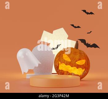 Astratto tema Halloween sfondo di vuoto podio display per la presentazione dei prodotti e mock up. Zucche Jack o'lanterna con fantasmi e pipistrelli volanti Foto Stock