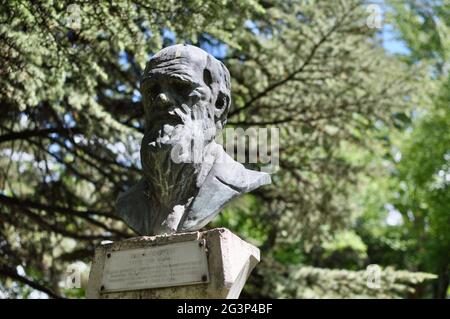 Ankara Turchia. Giugno 2021. Il busto di Charles Darwin con targa inglese nel campus di METU. Naturalista, geologo e biologo, meglio conosciuto Foto Stock