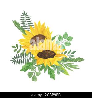 Girasole giallo, foglie arrangiamento acquerello illustrazione floreale disegnata a mano, campo estivo pianta agricola, fiore e foglia, bouquet per il saluto Foto Stock