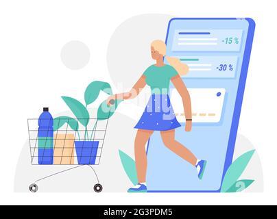 Shopping online, illustrazione vettoriale ecommerce. Cartoon donna cliente personaggio acquistare in negozio di alimentari sul grande schermo smartphone, utilizzando la tecnologia digitale app negozio per lo shopping isolato su bianco Illustrazione Vettoriale