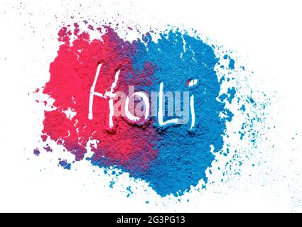 Polvere tradizionale colorata con segno Holi, isolato su bianco, Holi Festival primavera indù. Indiano tradizionale primavera colore Festi Foto Stock