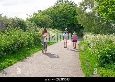 Corridori e ciclista si esercitano su un percorso di campagna nella riserva naturale Walthamstow Wetlands in primavera Londra N17 Inghilterra Regno Unito KATHY DEWITT Foto Stock