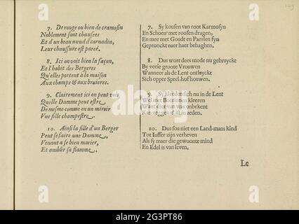 Canto in due lingue, pagina 3; Chanson a la Mode des Bergeres de la Cour & de la Ville / Genangh della Moda della Hoofsche e Steedtsche Herderinen; Les Vrais Pourtratti i Quelques unes DES Plus Grandes Ladies de la Chrestiente DESGUISEES e Bergeres .. Singanges in dieci quaterrains francofoni e olandesi, su tre pagine: Pagina 3. La rivista fa parte di un album. Foto Stock