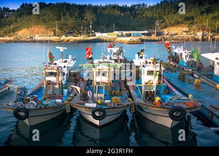 Wando/Corea del Sud-08.10.2016: Le barche di pescatori nel piccolo porto Foto Stock