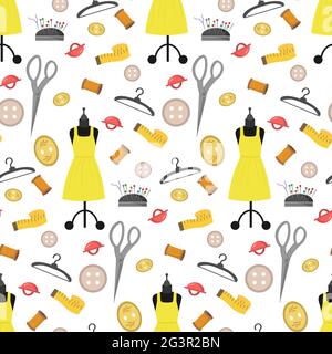 Modello con manichino, abito giallo, centimetro, bottoni e attrezzi da cucire. Illustrazione Vettoriale