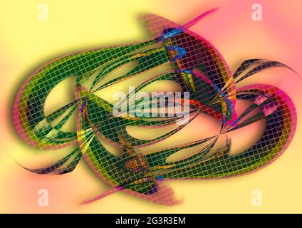 Astratta forma curva multicolore rivestita con tessitura a mosaico su fondo sfumato giallo-rosa chiaro Foto Stock