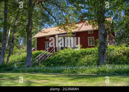 Piccola casa estiva rossa idilliaca sulla campagna svedese paesaggio estivo Foto Stock