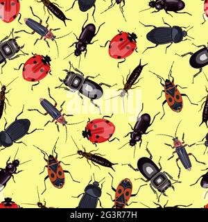 motivi senza giunture con l'immagine di coleotteri (insetti) su uno sfondo giallo Illustrazione Vettoriale