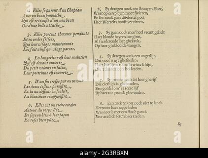 Canto in due lingue, pagina 2; Chanson a la Mode des Bergeres de la Cour & de la Ville / Genangh della Moda della Hoofsche e Steedtsche Herderinen; Les Vrais Pourtratti i Quelques unes DES Plus Grandes Ladies de la Chrestiente DESGUISEES e Bergeres .. Singanges in dieci quatrin di lingua francese e olandese, su tre pagine: Pagina 2. La rivista fa parte di un album. Foto Stock