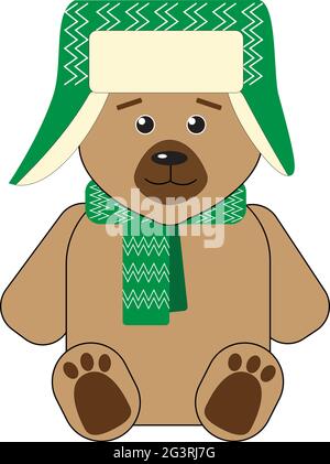 Carino orso bruno in un cappello verde con copricapo e sciarpa. Illustrazione Vettoriale
