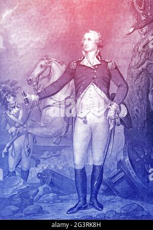 George Washington (1732-1799) illustrazione incisa. Fu il padre fondatore degli Stati Uniti e il primo presidente. Nella Guerra rivoluzionaria americana Foto Stock