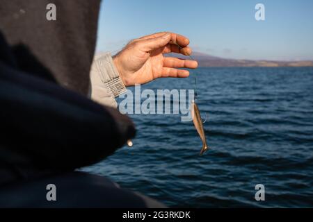 Mano dei pescatori che tiene un lure di pesca sul gancio sopra l'acqua del lago Foto Stock