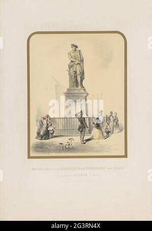 Inaugurazione della statua di Rembrandt van Rhijn a Kaasplein ad Amsterdam 27 maggio 1852. La statua di Rembrandt di Royer. Ingrandite la divulgazione della statua di Rembrandt sull'allora mercato del burro, ora (dal 1876) Rembrandtplein, il 27 maggio 1852. I visitatori ammirano la statua. Presentazione all'interno di una cornice dorata. Foto Stock