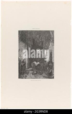 Un figlio del vecchio popolo. Un mercante ebreo con lui era seduto su una sedia di fronte ad una porta. Foto Stock