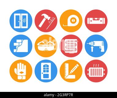 Set di costruzione di edifici e riparazione casa glifo bianco icone. Simbolo grafico per il design del sito Web, il logo, l'app, l'interfaccia utente. Illustrazione vettoriale, EPS10. Illustrazione Vettoriale