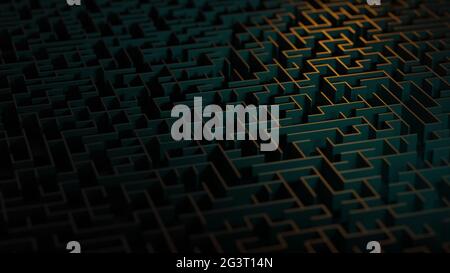 Modello di labirinto scuro in arancione e verde. Vista rialzata. Rendering 3D digitale astratto. Foto Stock