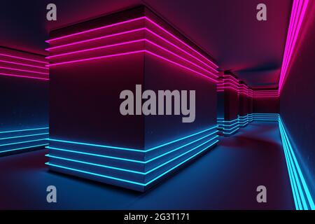 Corridoio illuminato al neon in ciano e magenta. Synthwave, estetica ciberpunk. Rendering 3D astratto. Foto Stock