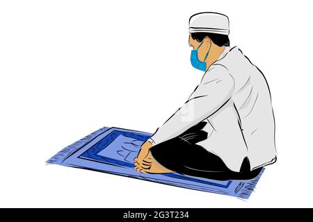 Disegno a mano vettoriale schizzo, uomo musulmano o islam, usando maschera, siediti al tappetino di preghiera Illustrazione Vettoriale