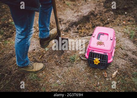 Spaventosa scena horror uomo digs tomba per animale in foresta. Terribile perdita di piccolo amico. Morte di animale domestico. Funerale di gatto. Gravedigge Foto Stock