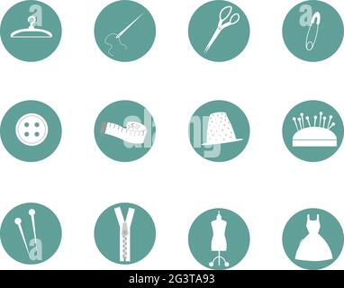 Icone rotonde con strumenti per cucire. Forbici, manichino, bottoni e spille, ditale, appendiabiti e abiti. Illustrazione Vettoriale