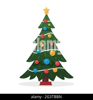 Albero di Natale decorato. Buon Natale e felice anno nuovo flat vettore illustrazione isolato su sfondo bianco. Foto Stock