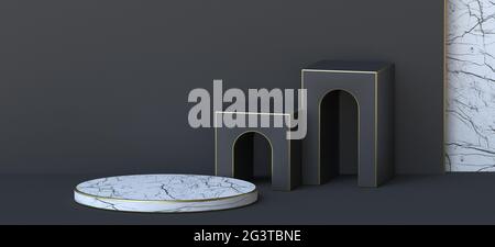 Sfondo astratto podio in marmo bianco con due porte 3D Foto Stock