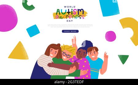 World Autism Awareness Day immagine web modello di carino bambini amici abbraccio insieme. Diversi gruppi di bambini. Autistico kid supporto design per aprile Illustrazione Vettoriale