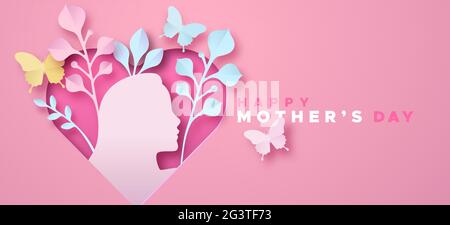 Illustrazione del banner Happy Mother's Day in stile papercut 3d. Carta rosa mestiere cuore, natura foglia di piante e farfalla. La mamma ama il design degli eventi natalizi. Illustrazione Vettoriale