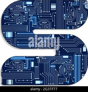 Lettera 'S' dall'alfabeto stilizzato della tecnologia con circuito elettronico. Lettera maiuscola. Illustrazione Vettoriale