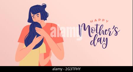 Felice festa della mamma biglietto d'auguri illustrazione di giovane mamma hugging ragazza figlia. Speciale regalo di vacanza per la famiglia per il concetto di amore della madre. Illustrazione Vettoriale