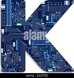 Lettera 'k' dall'alfabeto stilizzato della tecnologia con circuito elettronico. Lettera maiuscola. Illustrazione Vettoriale