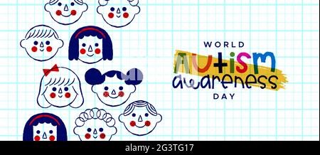Cartoncino di saluto World Autism Awareness Day illustrazione dei volti dei cartoni animati felici dei bambini in stile disegnato a mano. Concetto di supporto all'educazione autistica per apri Illustrazione Vettoriale